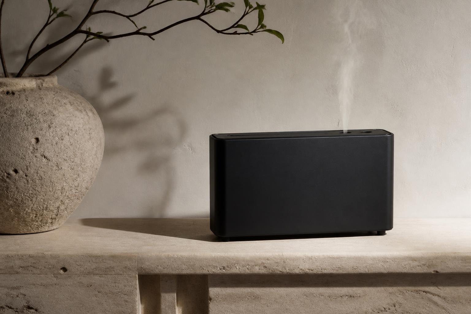 Diffuseur AYNEF noir mat sur une console en travertin
