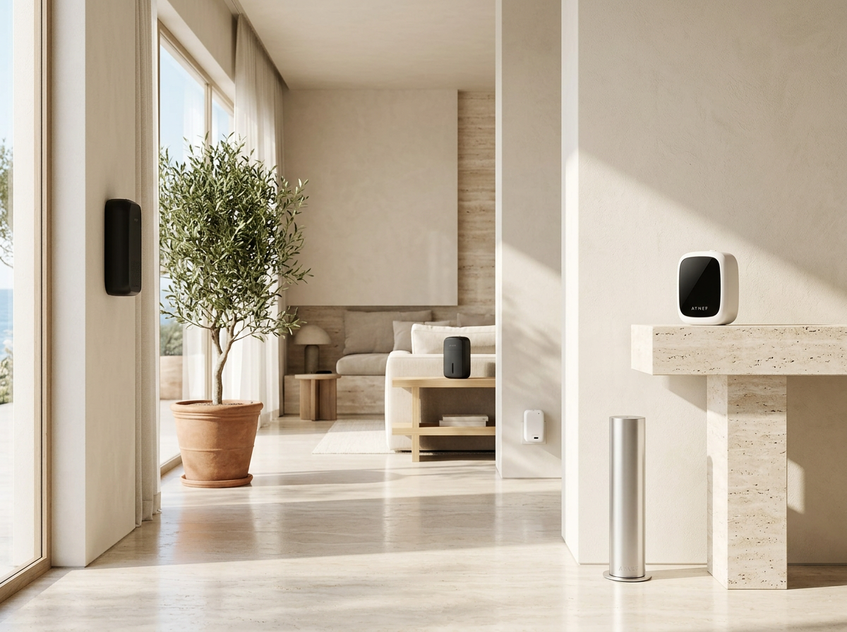 Les cinq diffuseurs AYNEF intégrés dans un intérieur méditerranéen lumineux