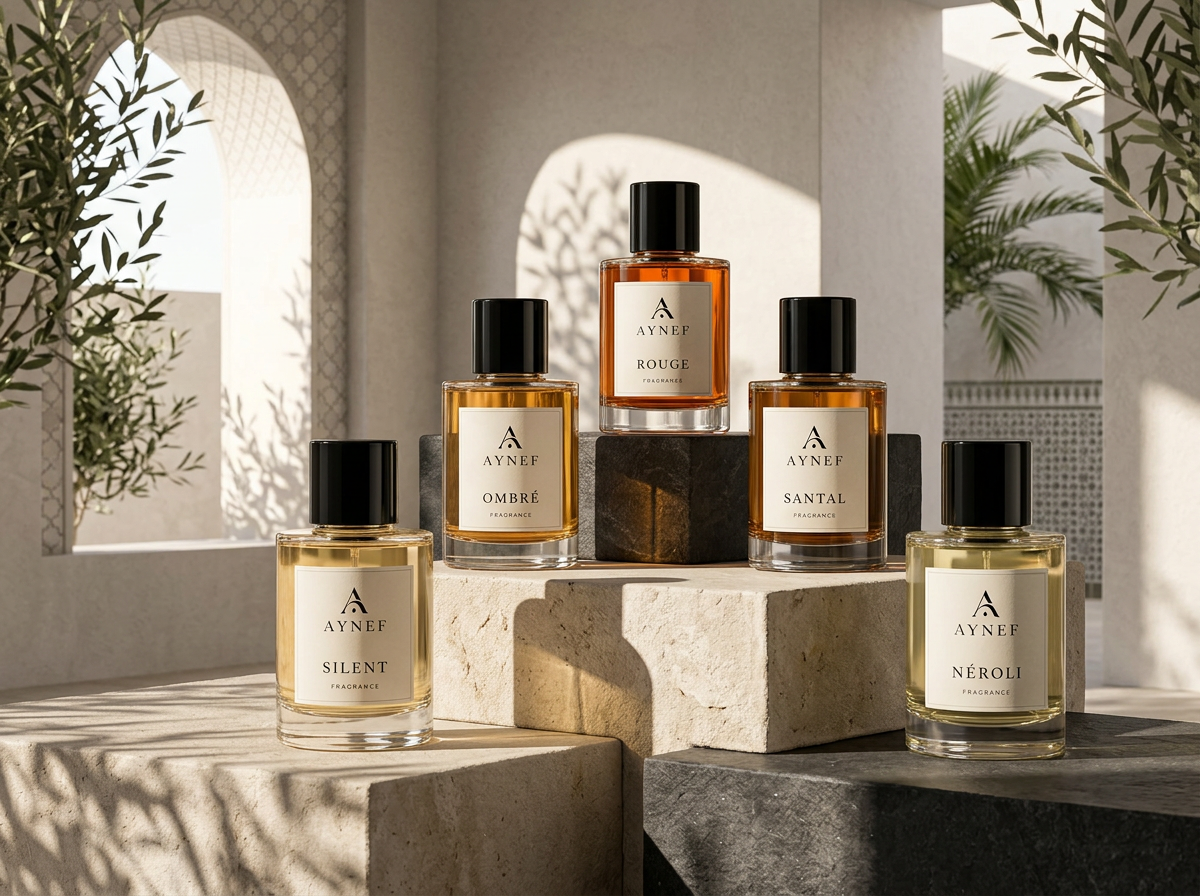 Les cinq fragrances AYNEF mises en scène dans un riad contemporain