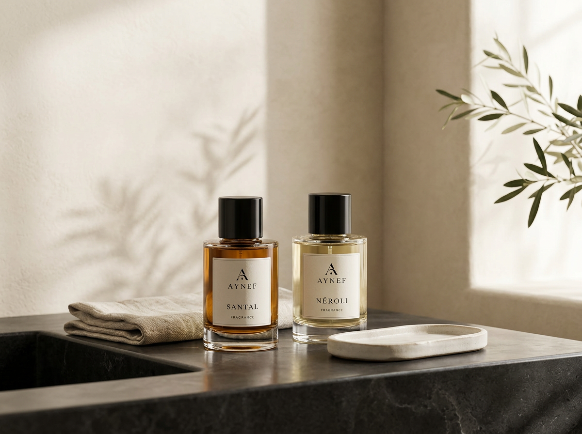 Les fragrances SANTAL et NÉROLI AYNEF dans un rituel de recharge raffiné