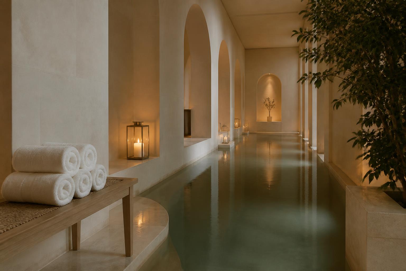 Couloir de spa d'hôtel en pierre claire éclairé à la bougie